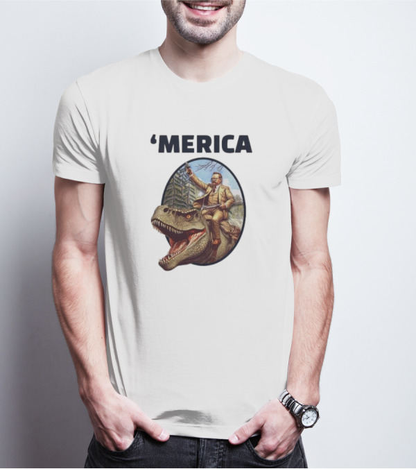 ‘Merica Patriotic Explorer Riding Dinosaur T-Shirt