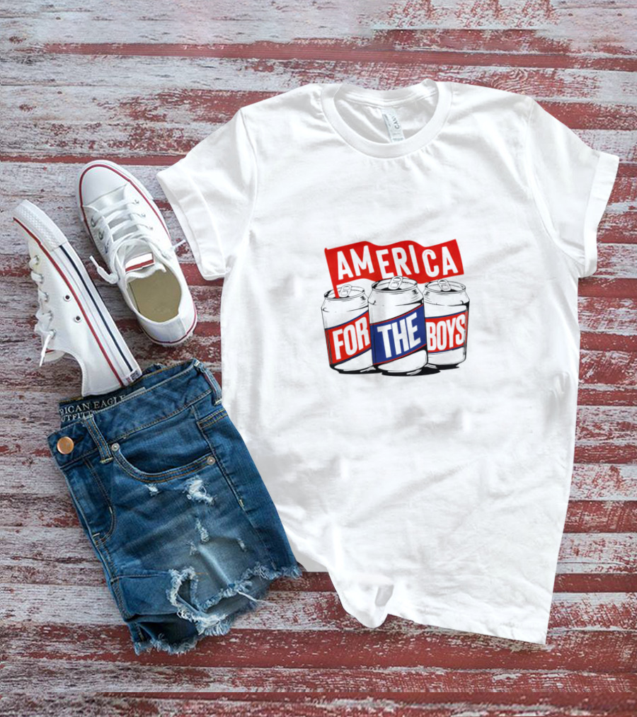 America For The Boys Beer Cans Red And Blue Text T-Shirt