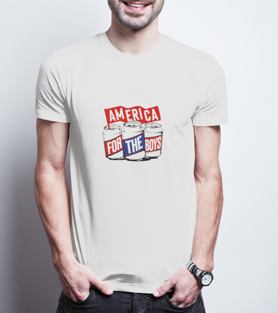 America For The Boys Beer Cans Red And Blue Text T-Shirt
