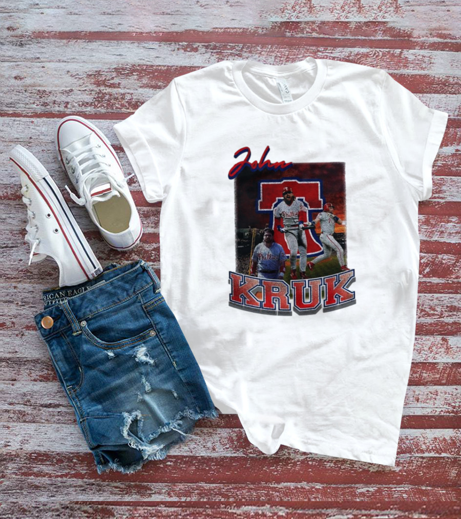 John Kruk Phillies Baseball Player Retro Style Red Blue Text T-Shirt
