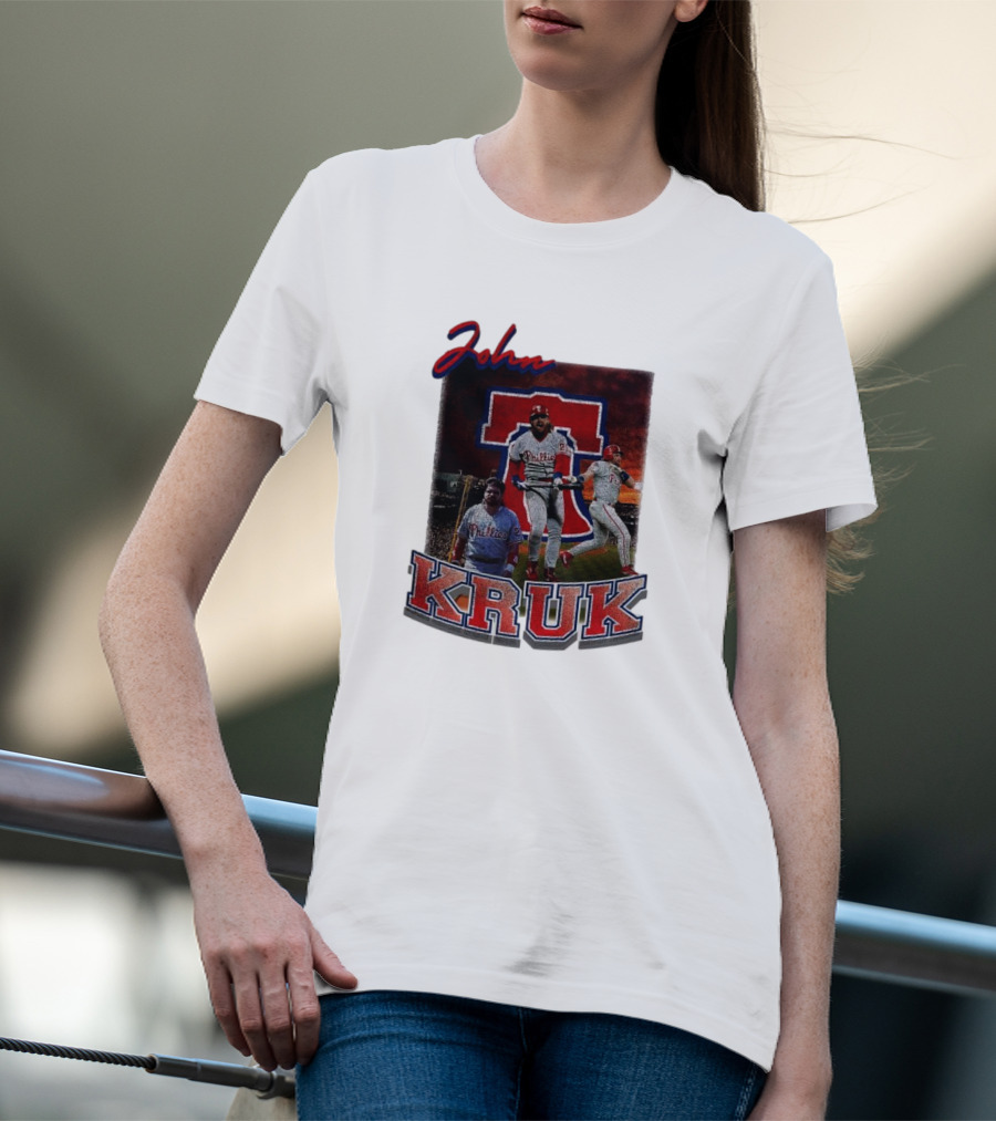 John Kruk Phillies Baseball Player Retro Style Red Blue Text T-Shirt