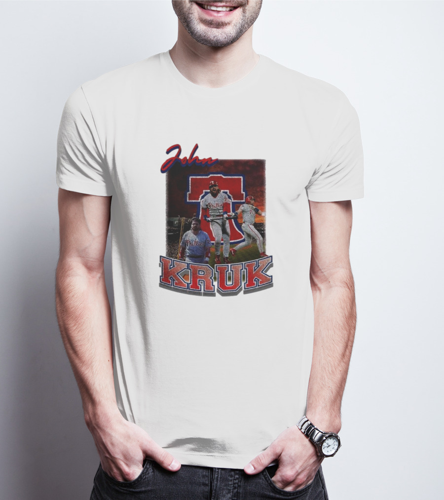 John Kruk Phillies Baseball Player Retro Style Red Blue Text T-Shirt