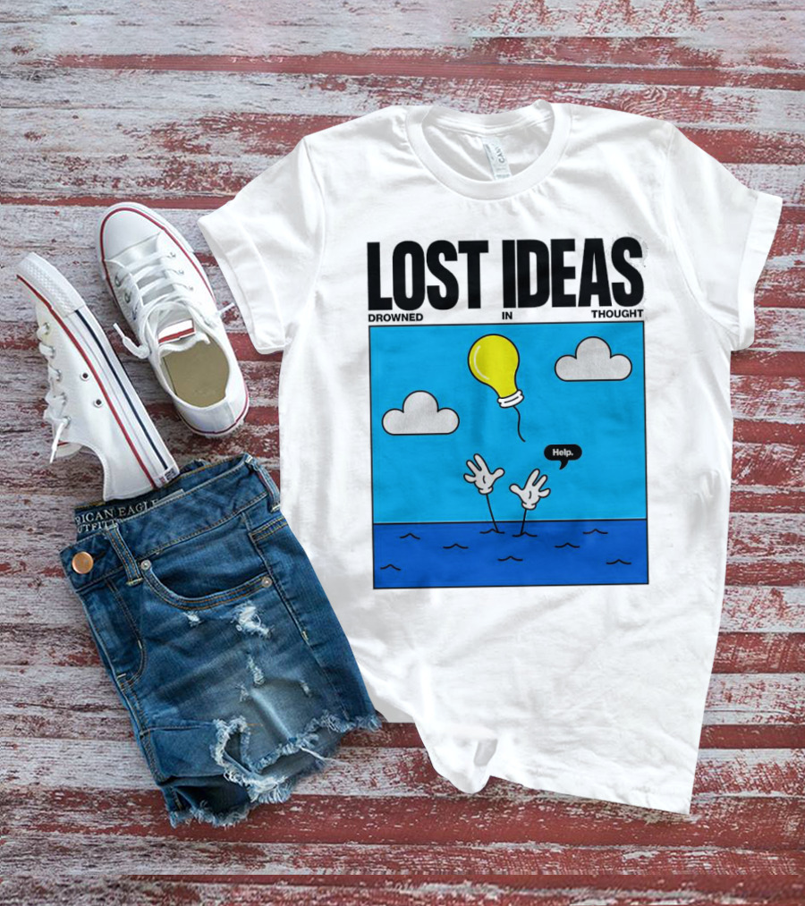 Lost Ideas Drowned In Thought Help Lightbulb Above Water Hands Clouds T-Shirt