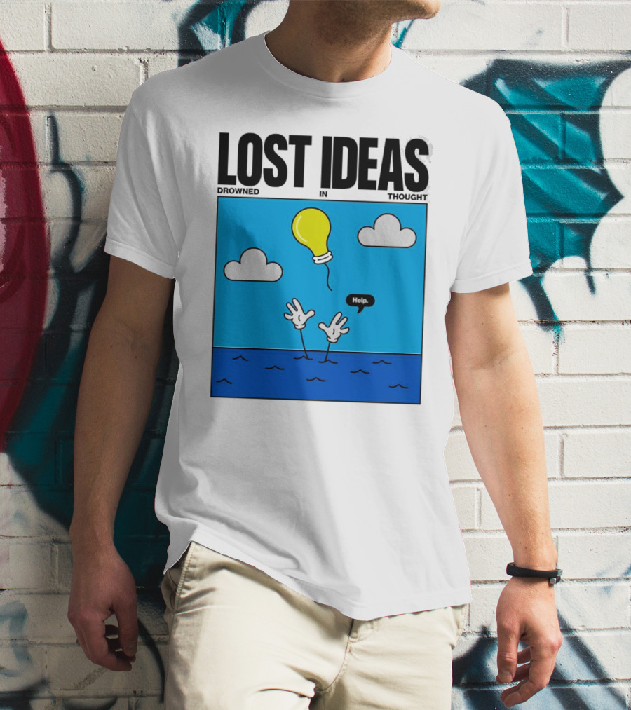 Lost Ideas Drowned In Thought Help Lightbulb Above Water Hands Clouds T-Shirt