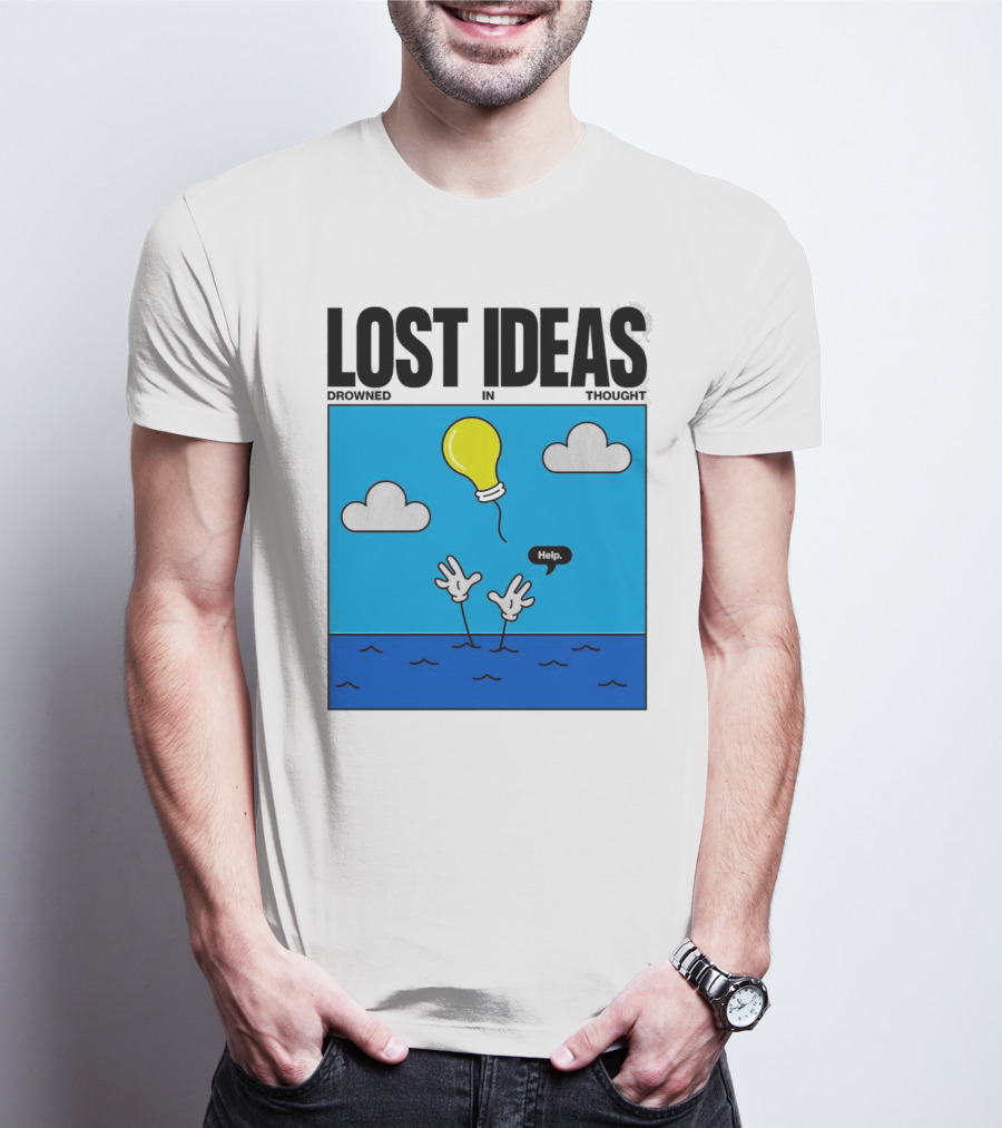 Lost Ideas Drowned In Thought Help Lightbulb Above Water Hands Clouds T-Shirt