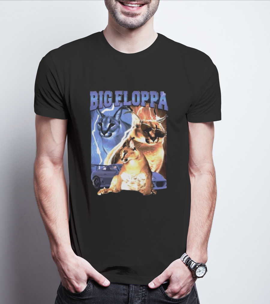 Big Floppa Caracal Trio With Lightning And Sports Car T-Shirt