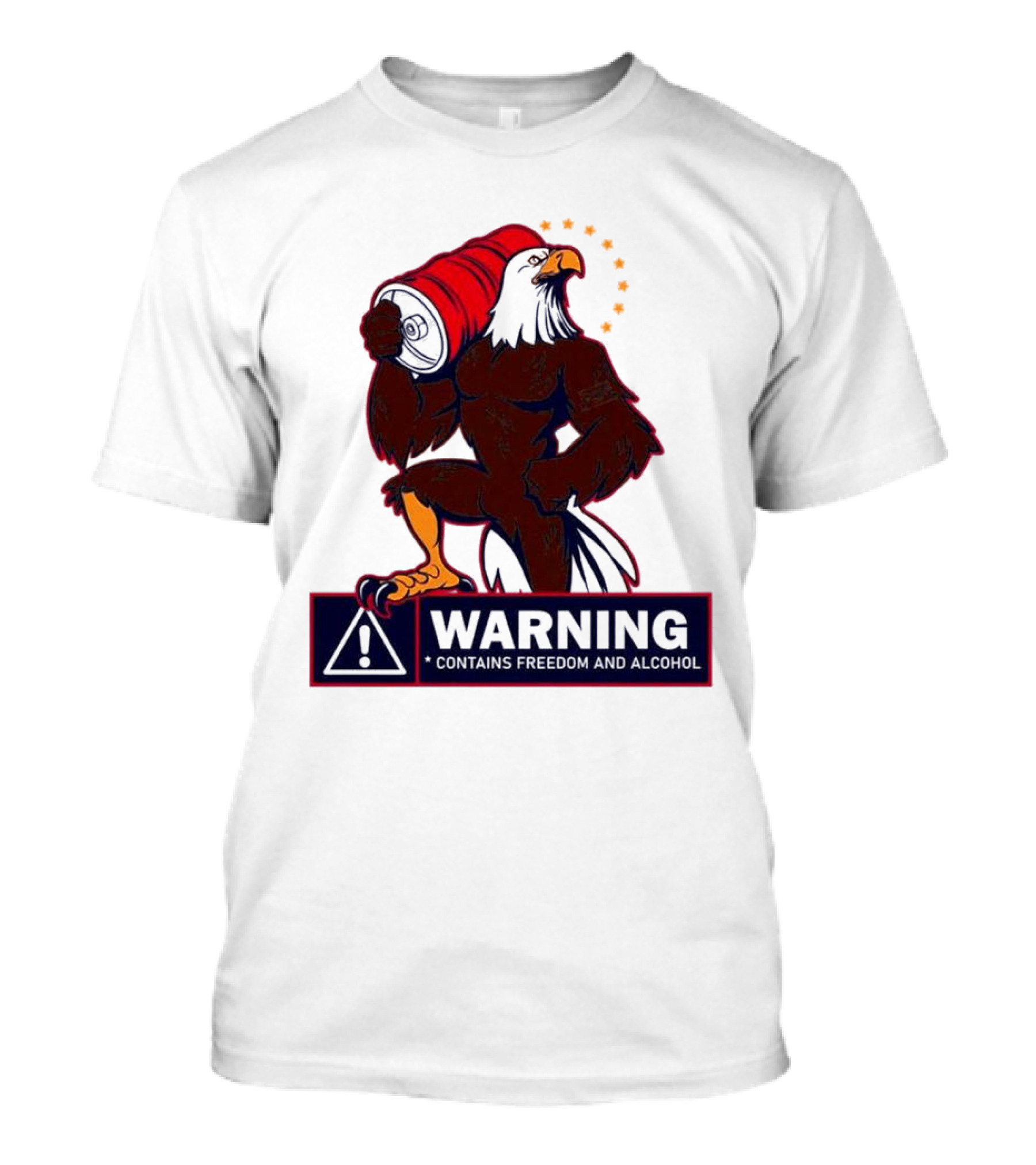 Warning Eagle Contains Freedom And Alcohol Symbol With Barrel And Stars T-Shirt