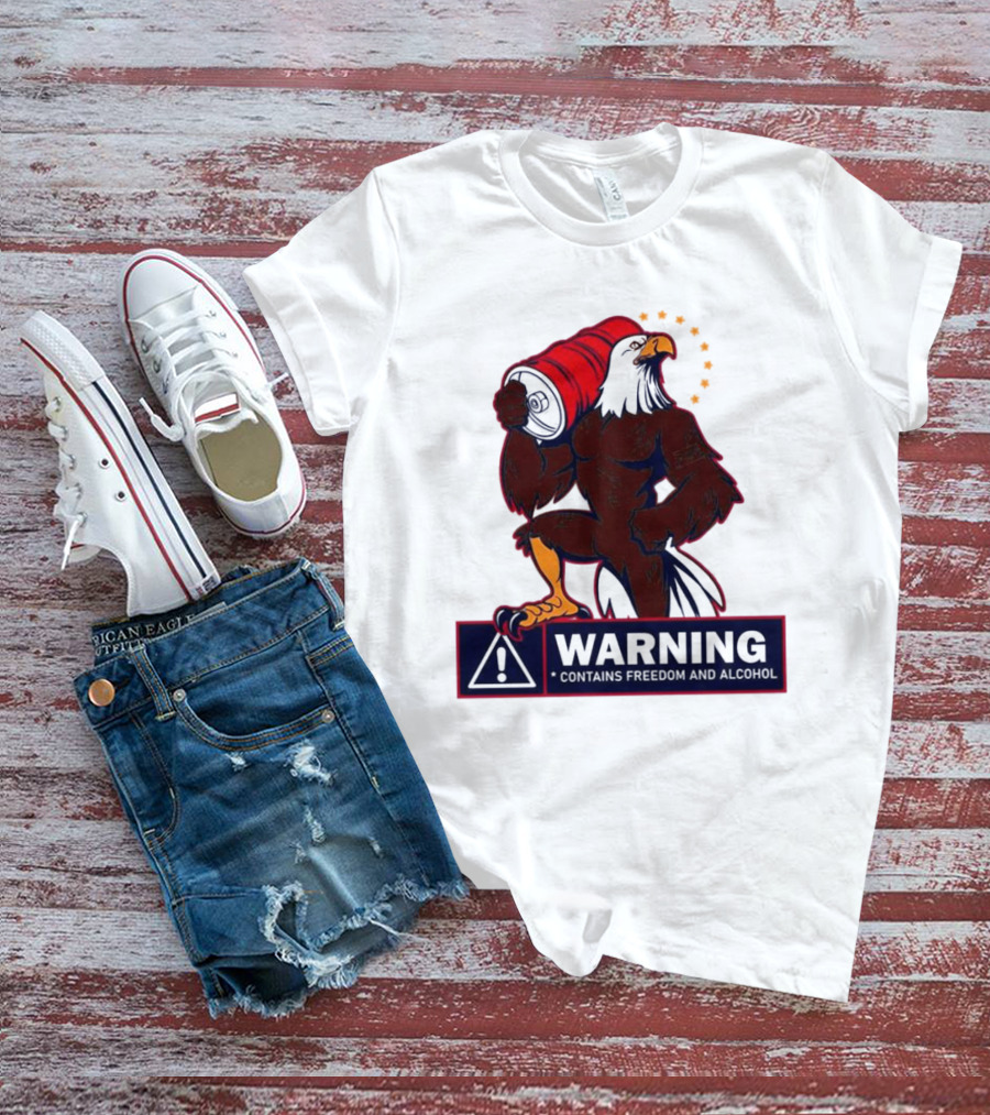 Warning Eagle Contains Freedom And Alcohol Symbol With Barrel And Stars T-Shirt
