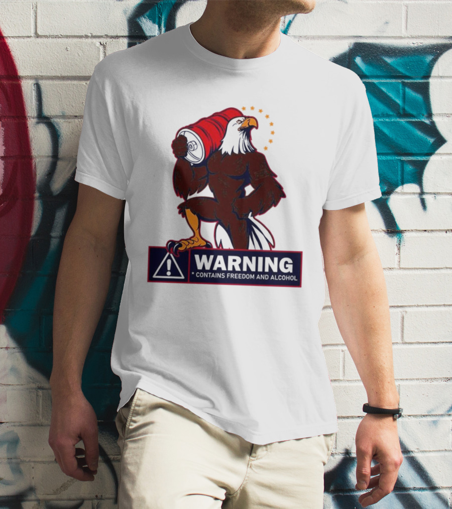 Warning Eagle Contains Freedom And Alcohol Symbol With Barrel And Stars T-Shirt
