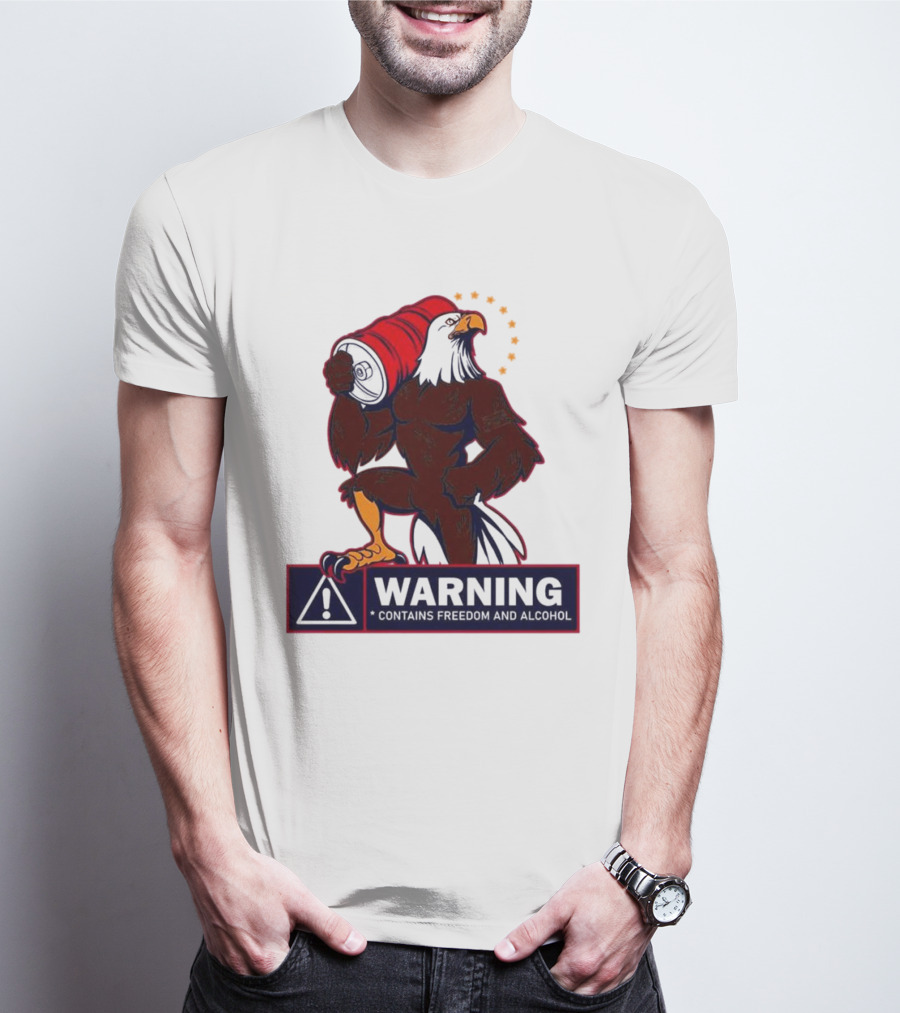 Warning Eagle Contains Freedom And Alcohol Symbol With Barrel And Stars T-Shirt