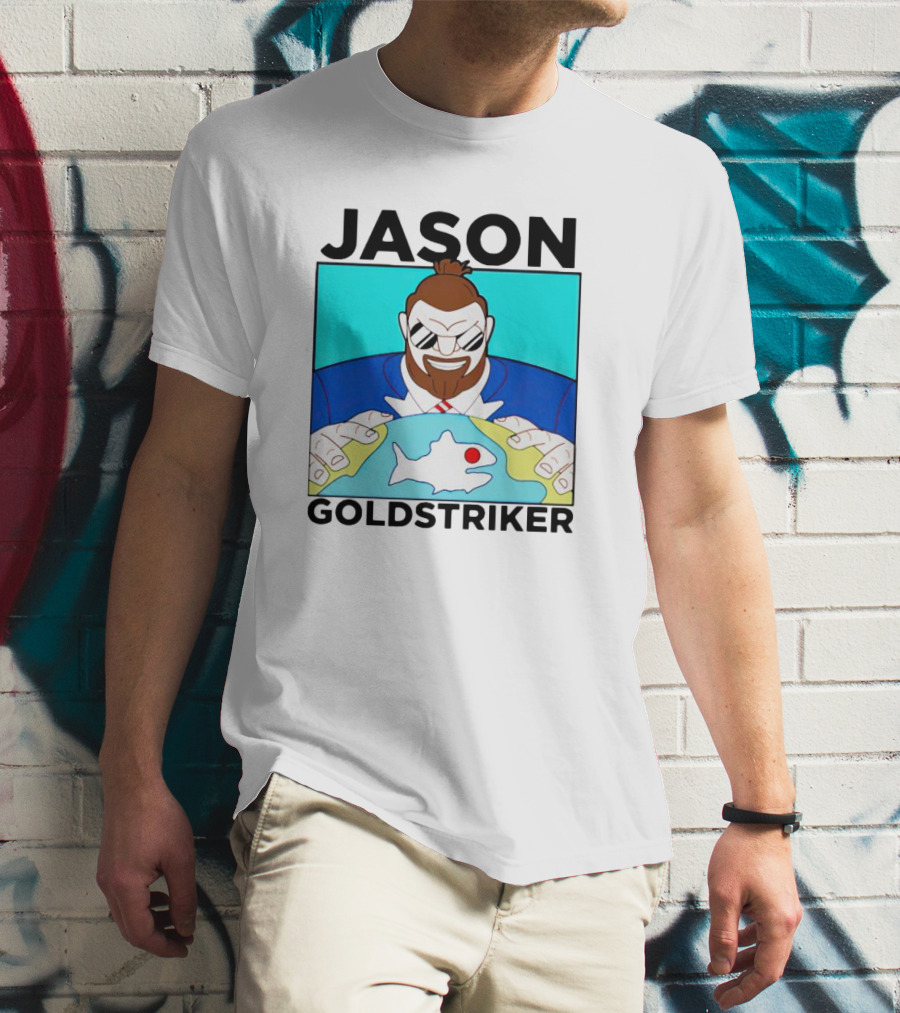 JASON GOLDSTRIKER Bold Character Holding Map With Red Marker T-Shirt