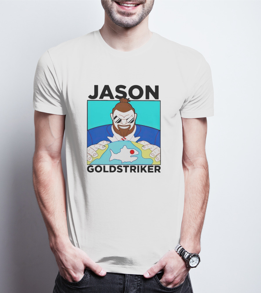 JASON GOLDSTRIKER Bold Character Holding Map With Red Marker T-Shirt
