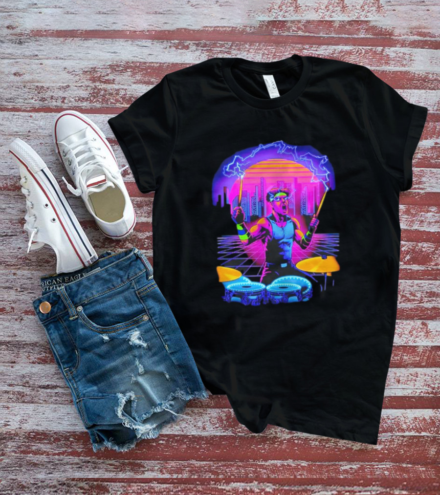 Drumatron Neon City Electric Drummer In Retro Futuristic Skyline T-Shirt