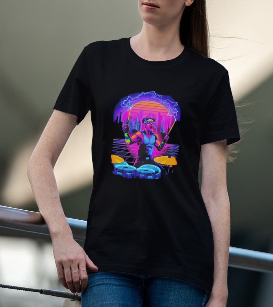 Drumatron Neon City Electric Drummer In Retro Futuristic Skyline T-Shirt