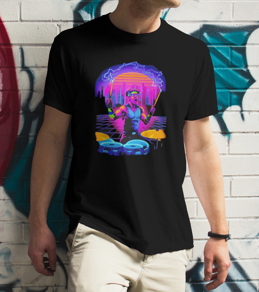 Drumatron Neon City Electric Drummer In Retro Futuristic Skyline T-Shirt