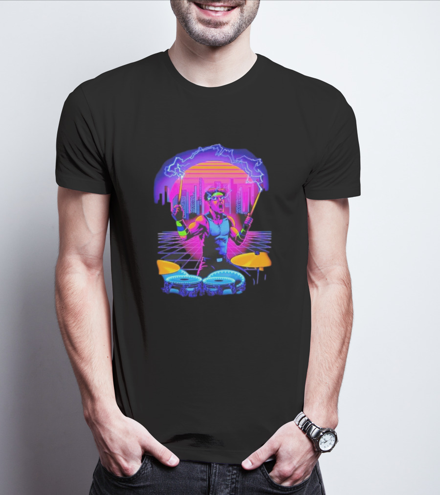 Drumatron Neon City Electric Drummer In Retro Futuristic Skyline T-Shirt