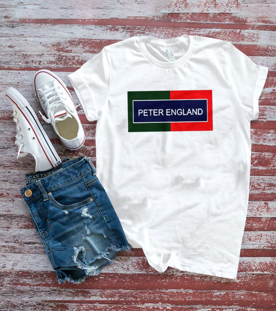 PETER ENGLAND Black Background Rectangular Logo With Green And Red Blocks T-Shirt