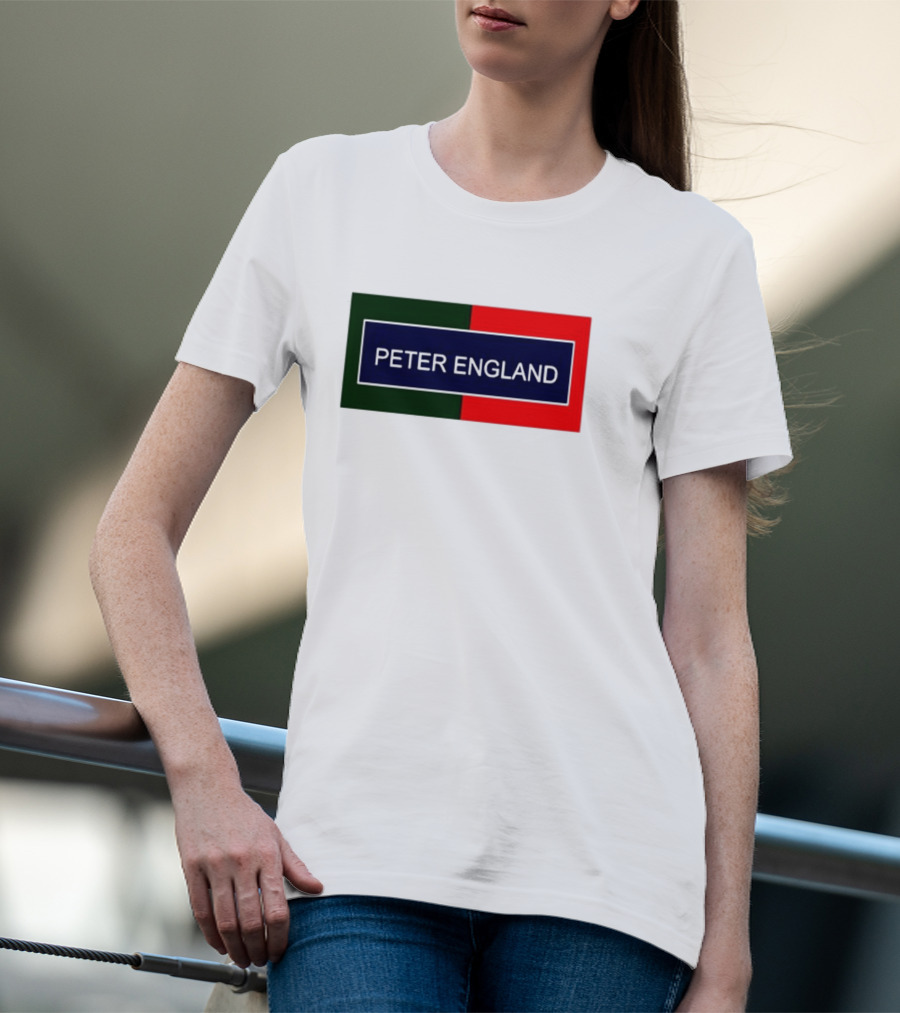 PETER ENGLAND Black Background Rectangular Logo With Green And Red Blocks T-Shirt