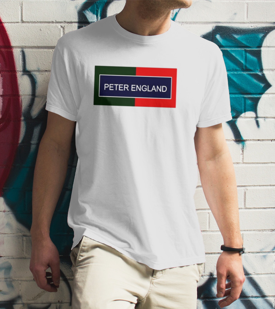 PETER ENGLAND Black Background Rectangular Logo With Green And Red Blocks T-Shirt