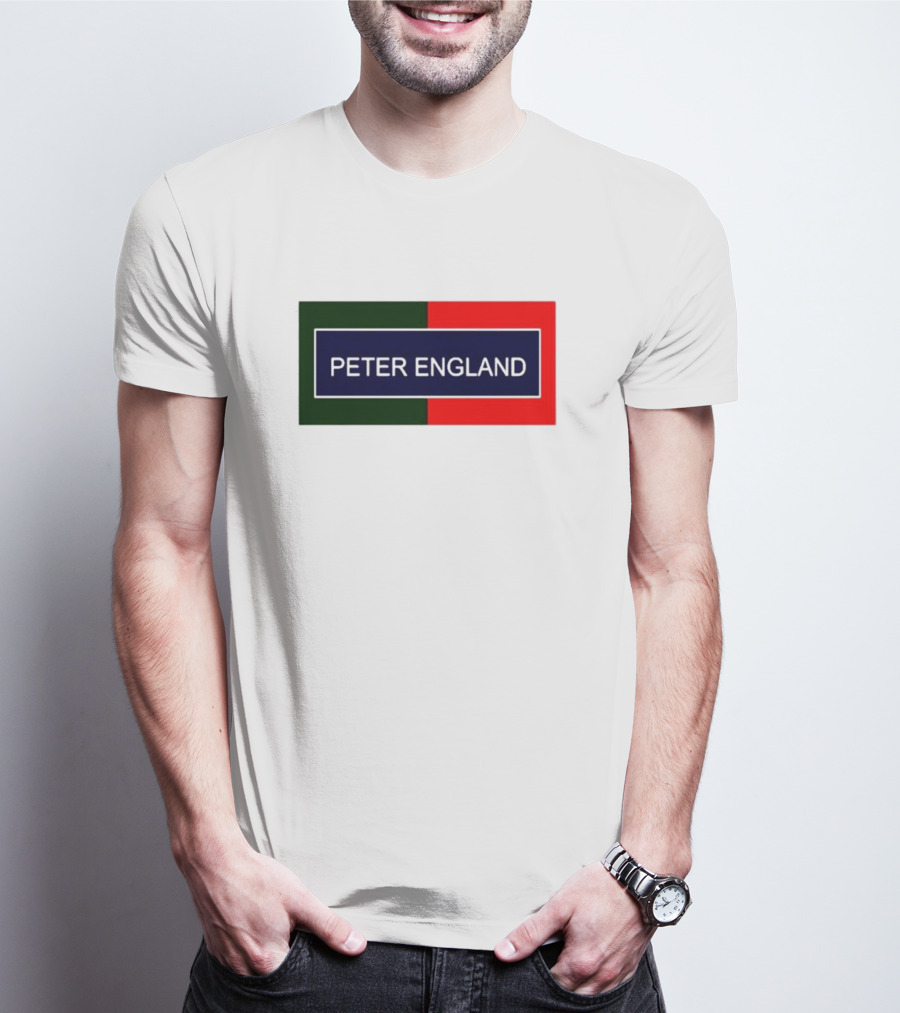PETER ENGLAND Black Background Rectangular Logo With Green And Red Blocks T-Shirt