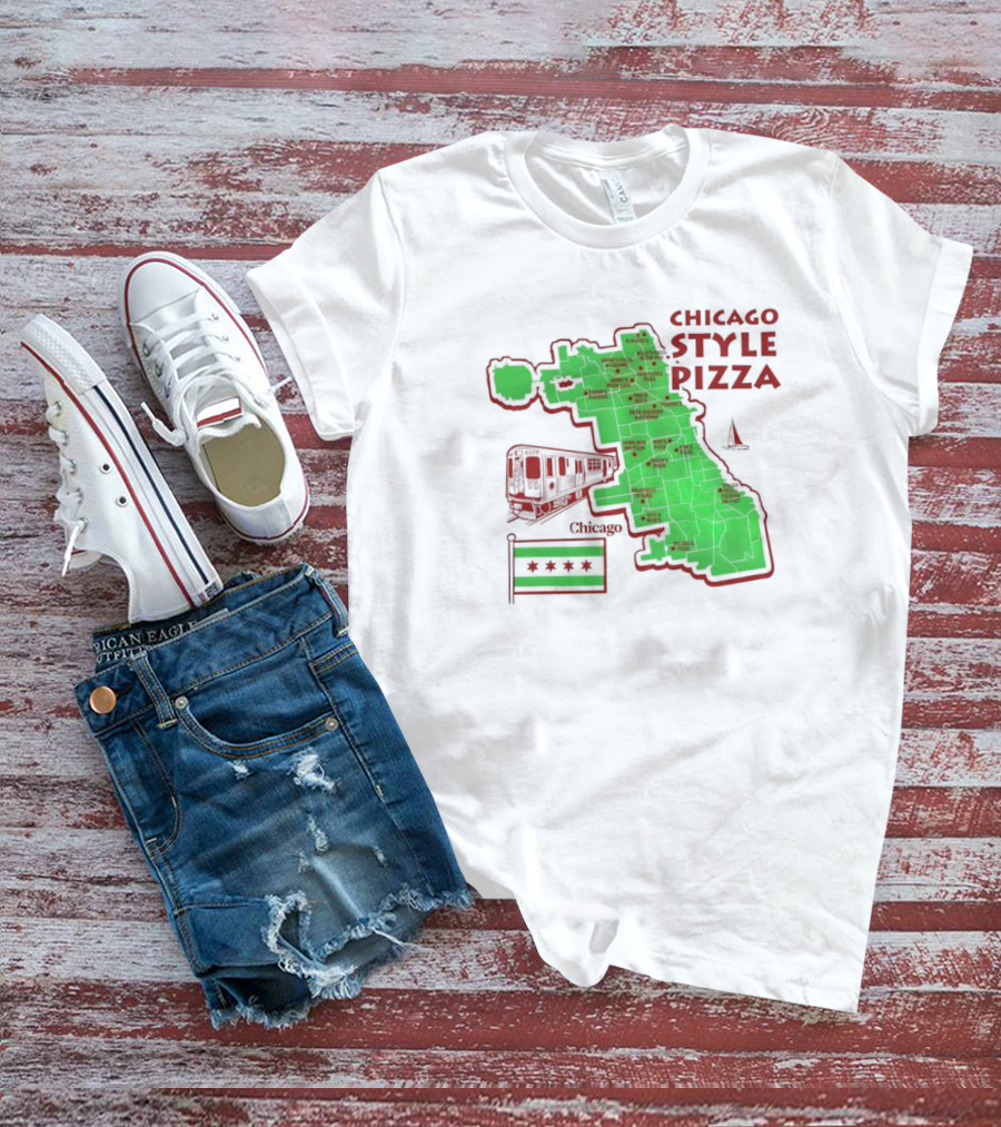 Chicago Style Pizza Map With Train And City Flag T-Shirt