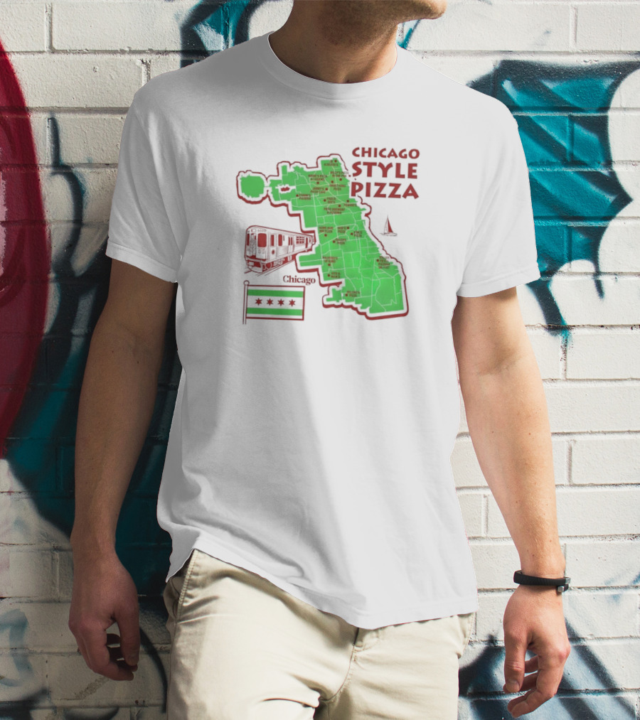 Chicago Style Pizza Map With Train And City Flag T-Shirt