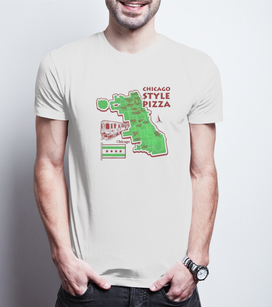 Chicago Style Pizza Map With Train And City Flag T-Shirt