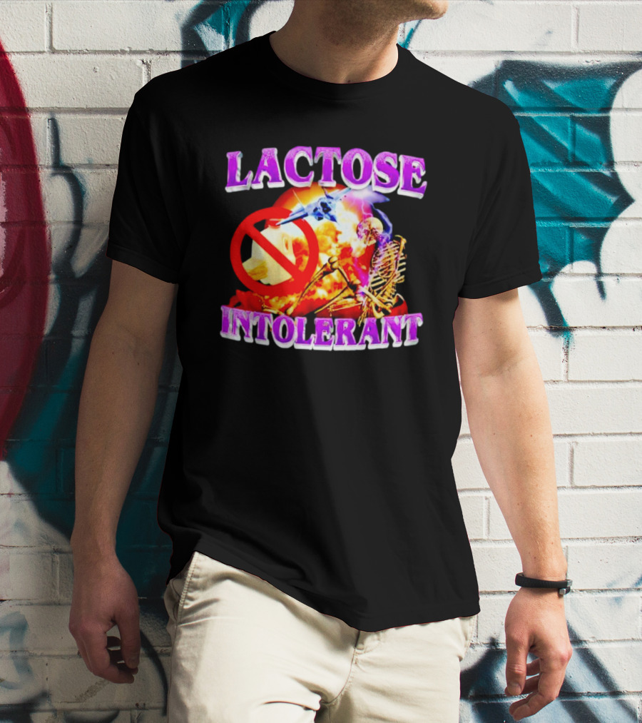LACTOSE INTOLERANT No Dairy Apocalypse Skeleton Explosion Fighter Jet T-Shirt