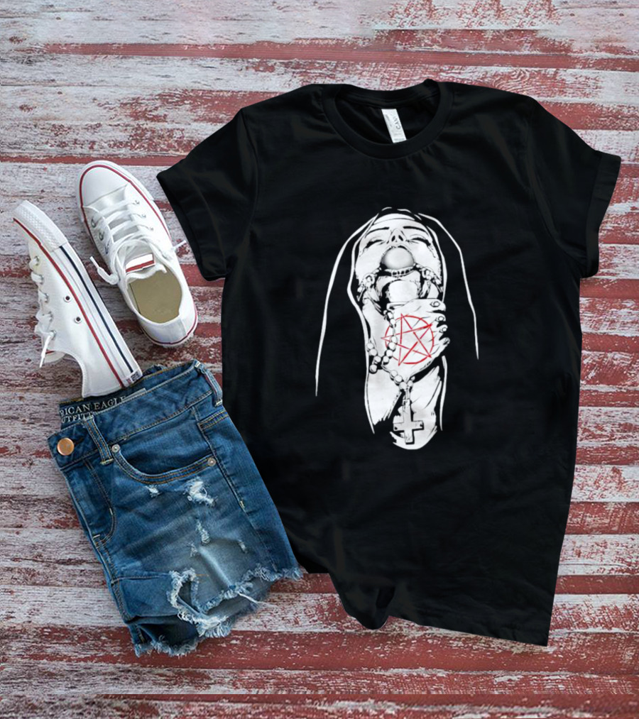 Nun In Chains With Rosary And Red Pentagram T-Shirt