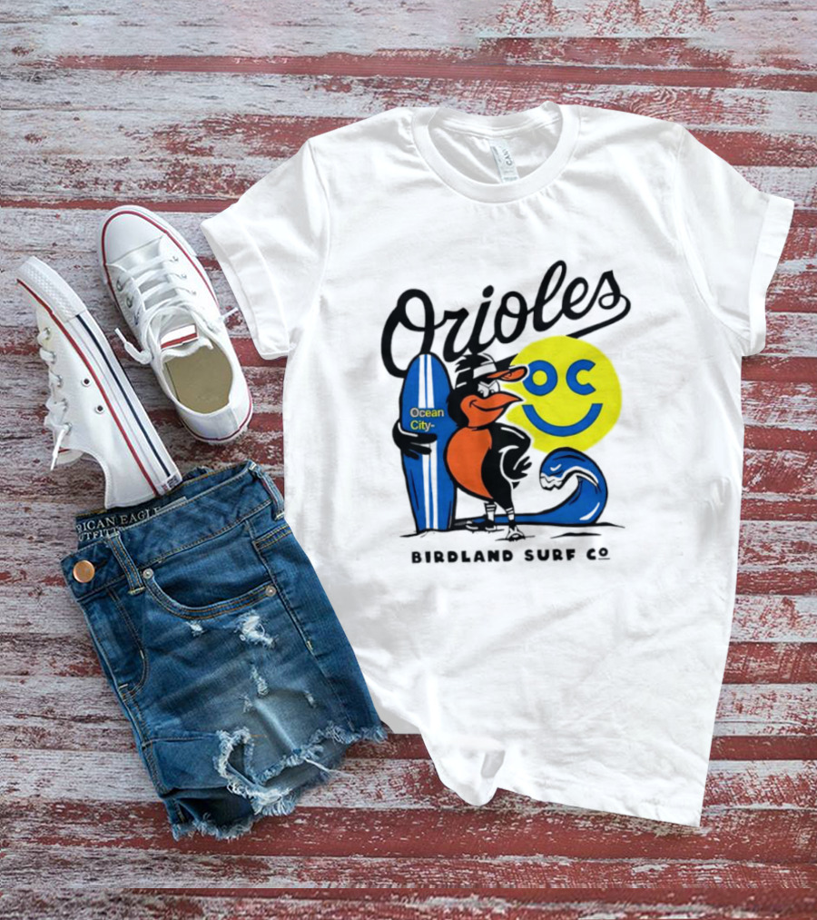 Orioles Ocean City Birdland Surf Co Smiley Surfboard Wave T-Shirt