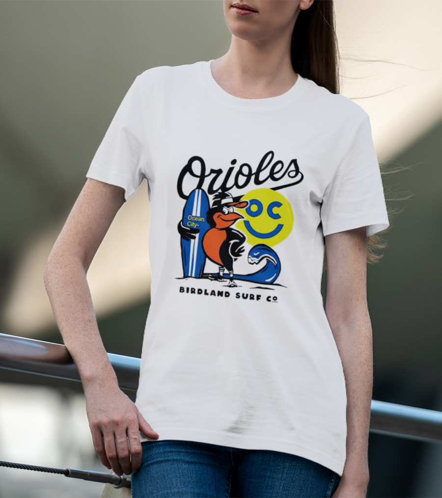 Orioles Ocean City Birdland Surf Co Smiley Surfboard Wave T-Shirt