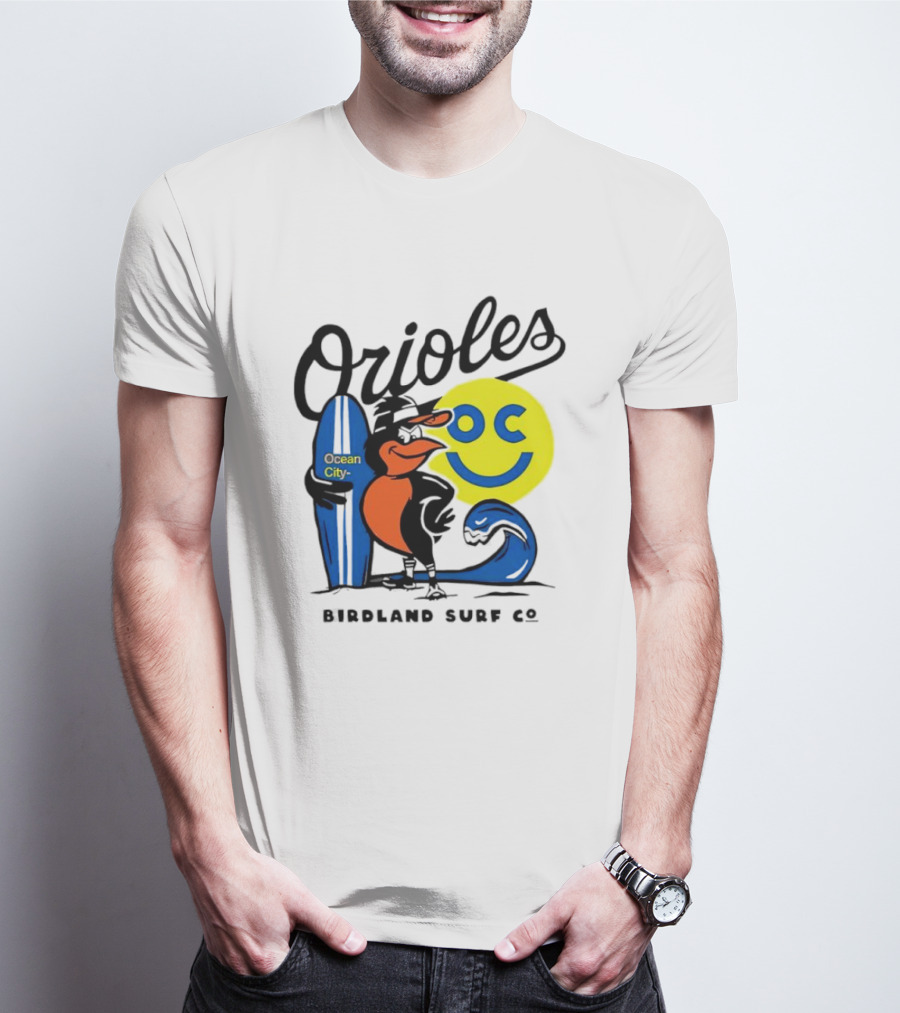 Orioles Ocean City Birdland Surf Co Smiley Surfboard Wave T-Shirt