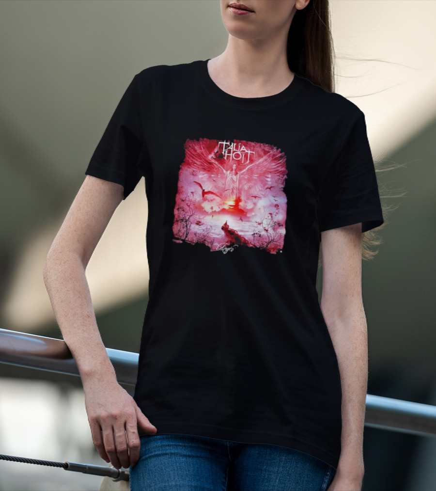 Talia Hoit Angel Red Winged Figure With Birds And Sunset T-Shirt
