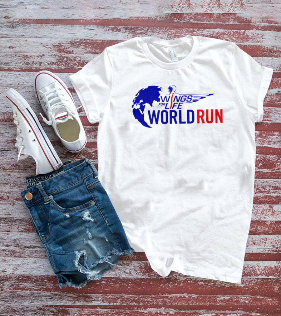 Wings For Life World Run Blue And Red Globe And Wings T-Shirt