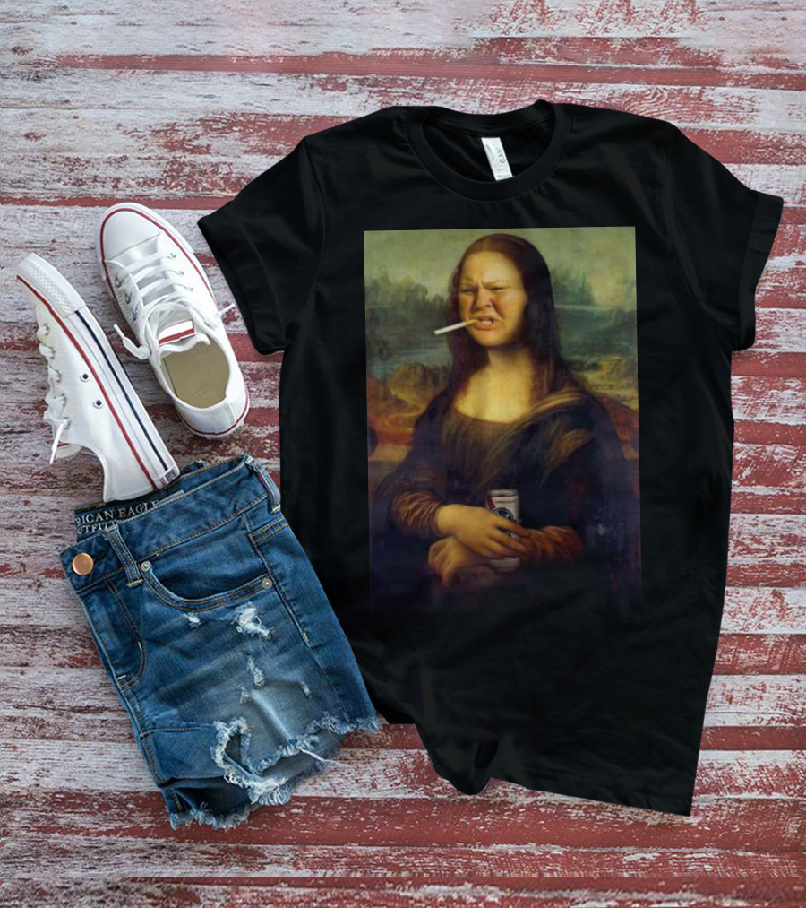 Tammy Mona Lisa Smoking Cigarette Holding Beer Can T-Shirt