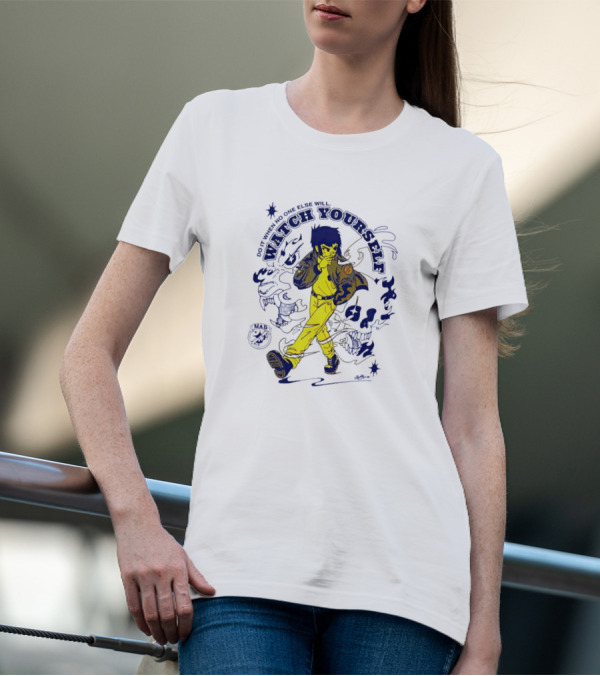 Watch Yourself Do It When No One Else Will Retro Style Blue And Yellow Walking Character T-Shirt