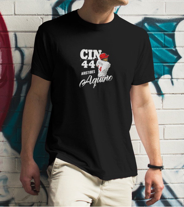 CIN 44 Aristides Aquino Cincinnati Reds Baseball Action Pose T-Shirt
