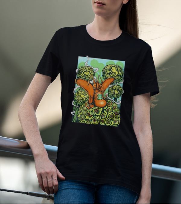 Chill Fly On Vibrant Green Floral Background T-Shirt