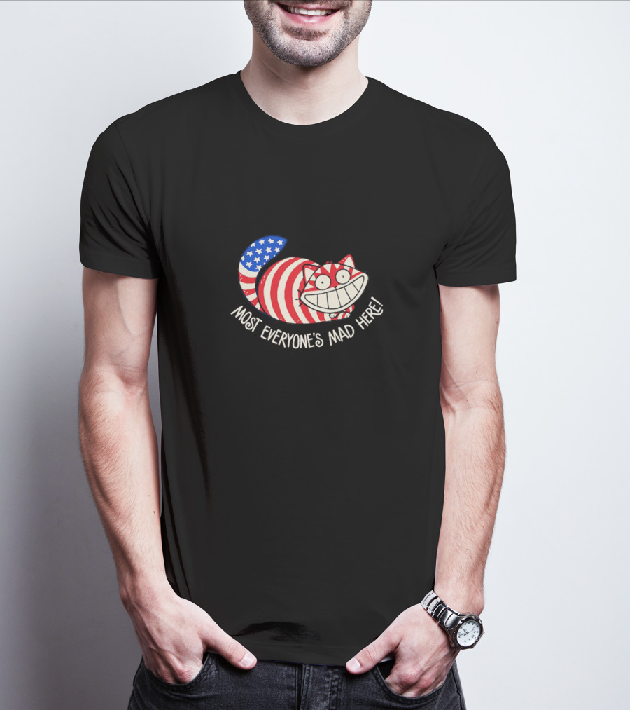 Muricat Most Everyone's Mad Here Cheshire Cat American Flag Stripes T-Shirt