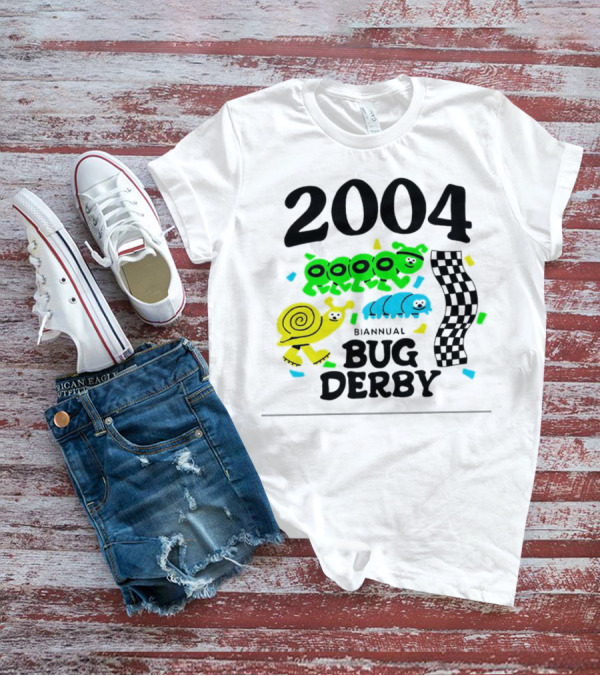 2004 Biannual Bug Derby Colorful Cartoon Caterpillars With Checkered Flag T-Shirt