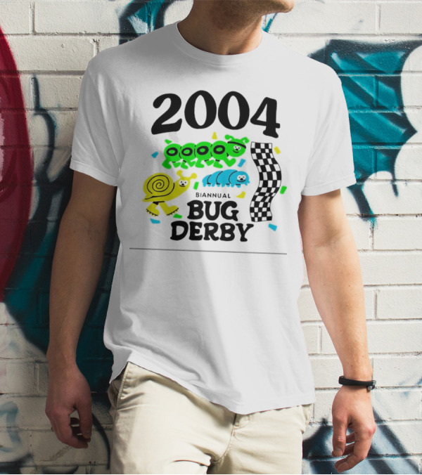 2004 Biannual Bug Derby Colorful Cartoon Caterpillars With Checkered Flag T-Shirt