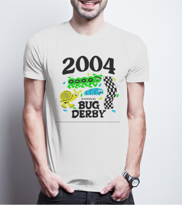 2004 Biannual Bug Derby Colorful Cartoon Caterpillars With Checkered Flag T-Shirt