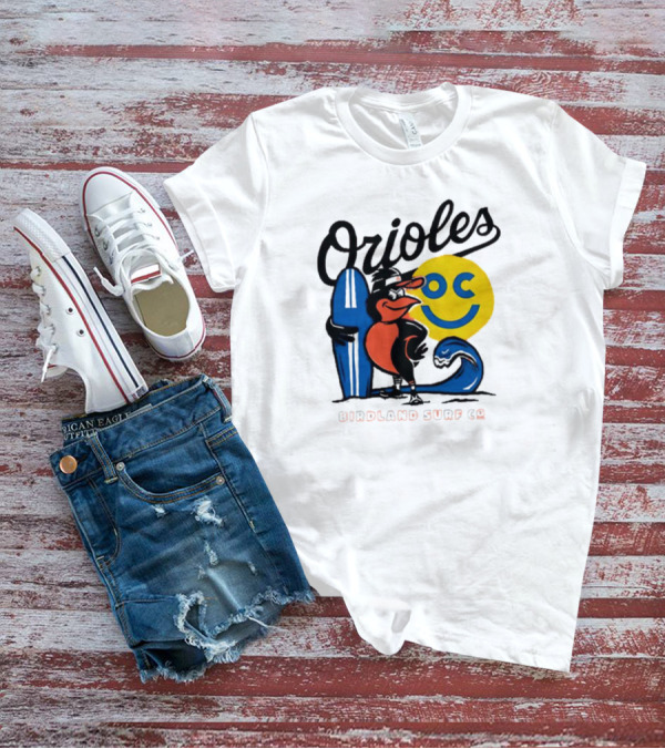 Orioles Birdland Surf Co Smiling Sun Surfboard T-Shirt