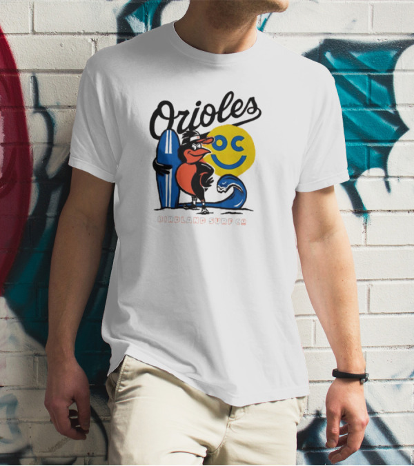 Orioles Birdland Surf Co Smiling Sun Surfboard T-Shirt