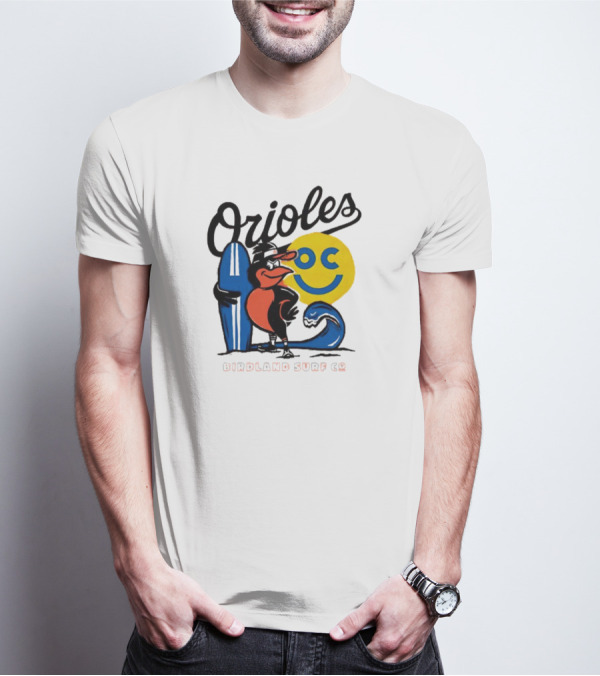 Orioles Birdland Surf Co Smiling Sun Surfboard T-Shirt