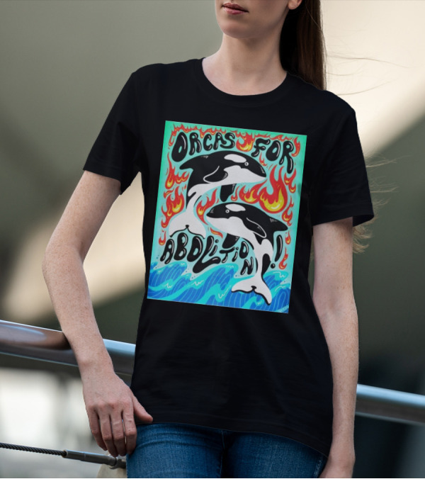 Orcas For Abolition Ocean Waves And Flames T-Shirt