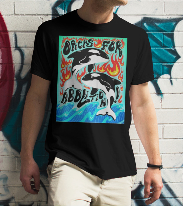 Orcas For Abolition Ocean Waves And Flames T-Shirt