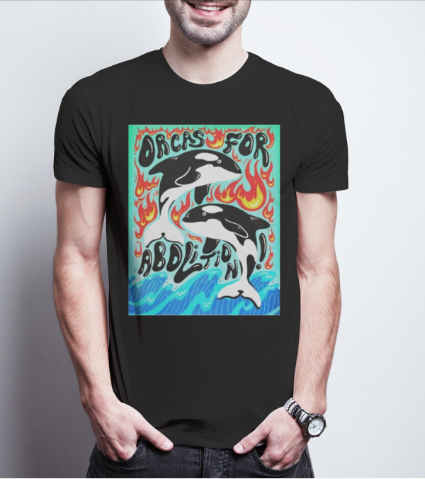 Orcas For Abolition Ocean Waves And Flames T-Shirt