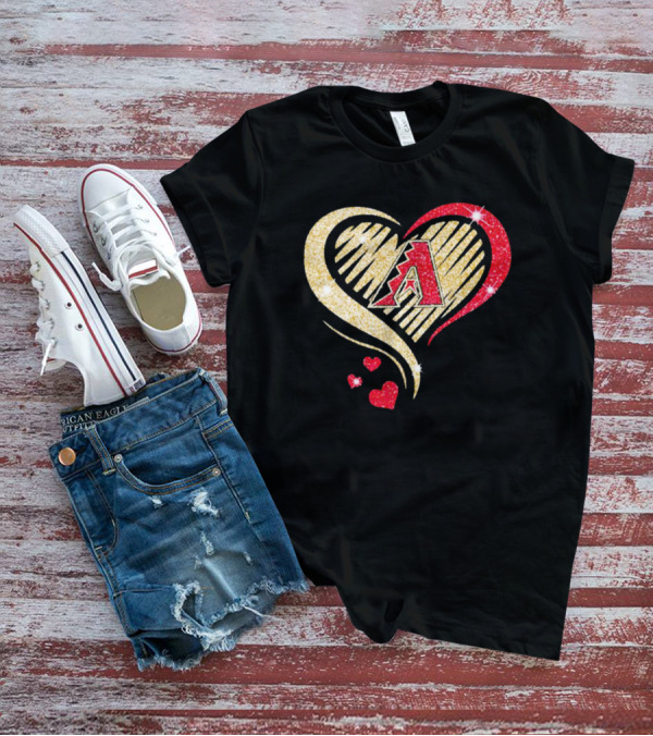 Arizona Diamondbacks Glitter Heart Design With Team Logo In Gold And Red T-Shirt