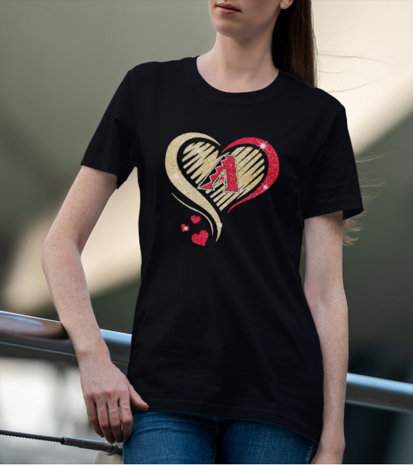 Arizona Diamondbacks Glitter Heart Design With Team Logo In Gold And Red T-Shirt